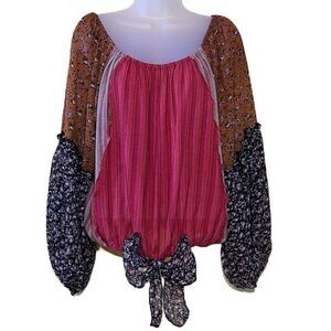 Boho On or Off The Shoulder Raw Seams Balloon Sleeves Oversize Small Umgee